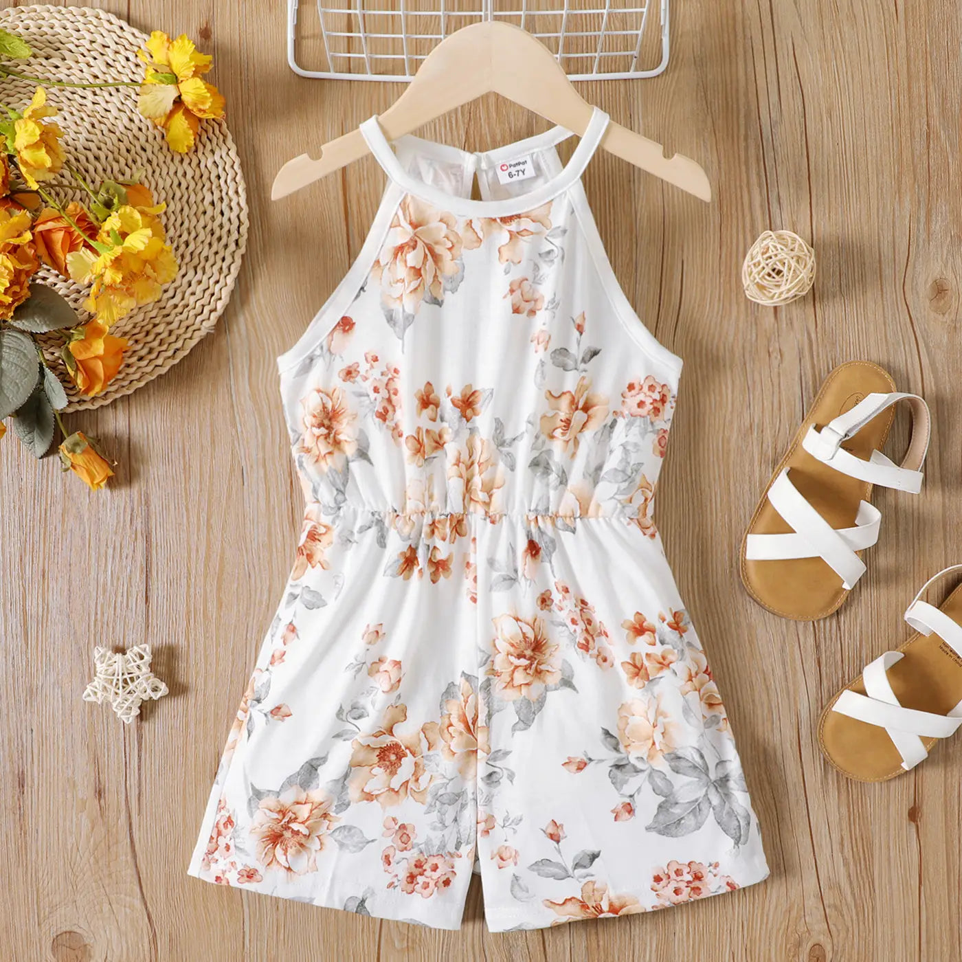 Floral Print Halter Romper-Beige