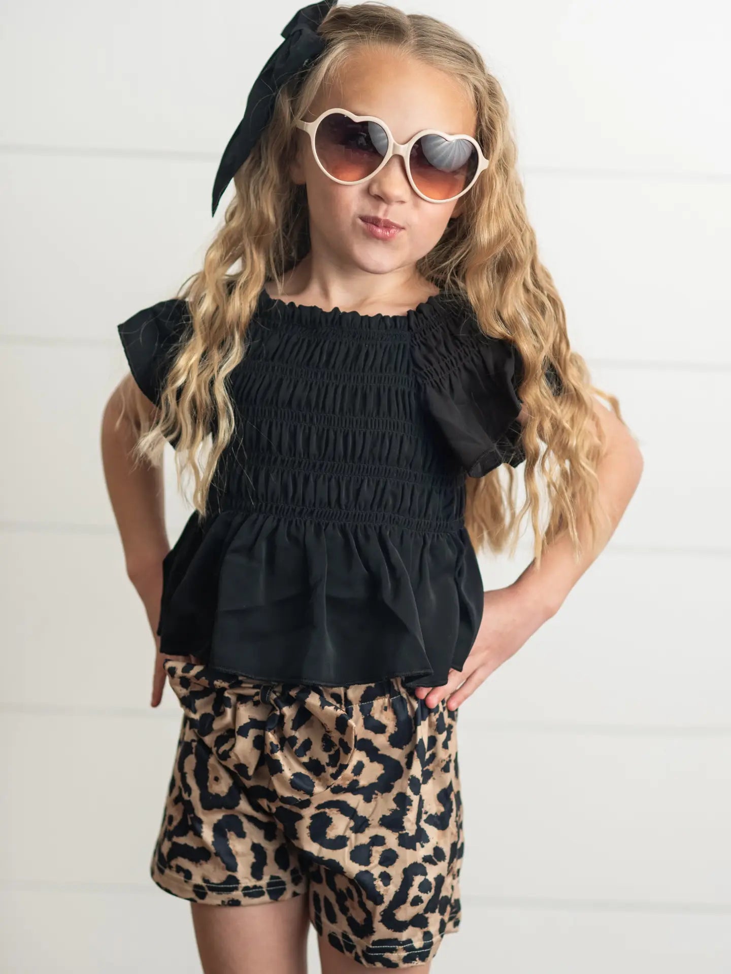 Kids Black Shirred Top & Leopard Print Bow Spring Short Set