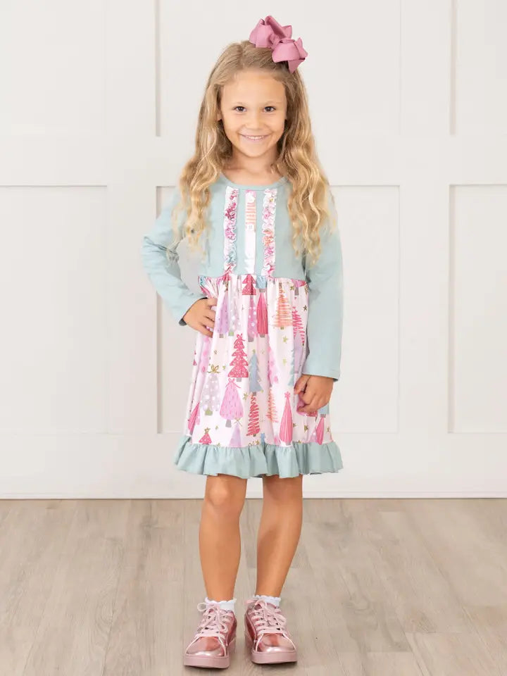 Mint & Pink Christmas Tree Ruffle Dress