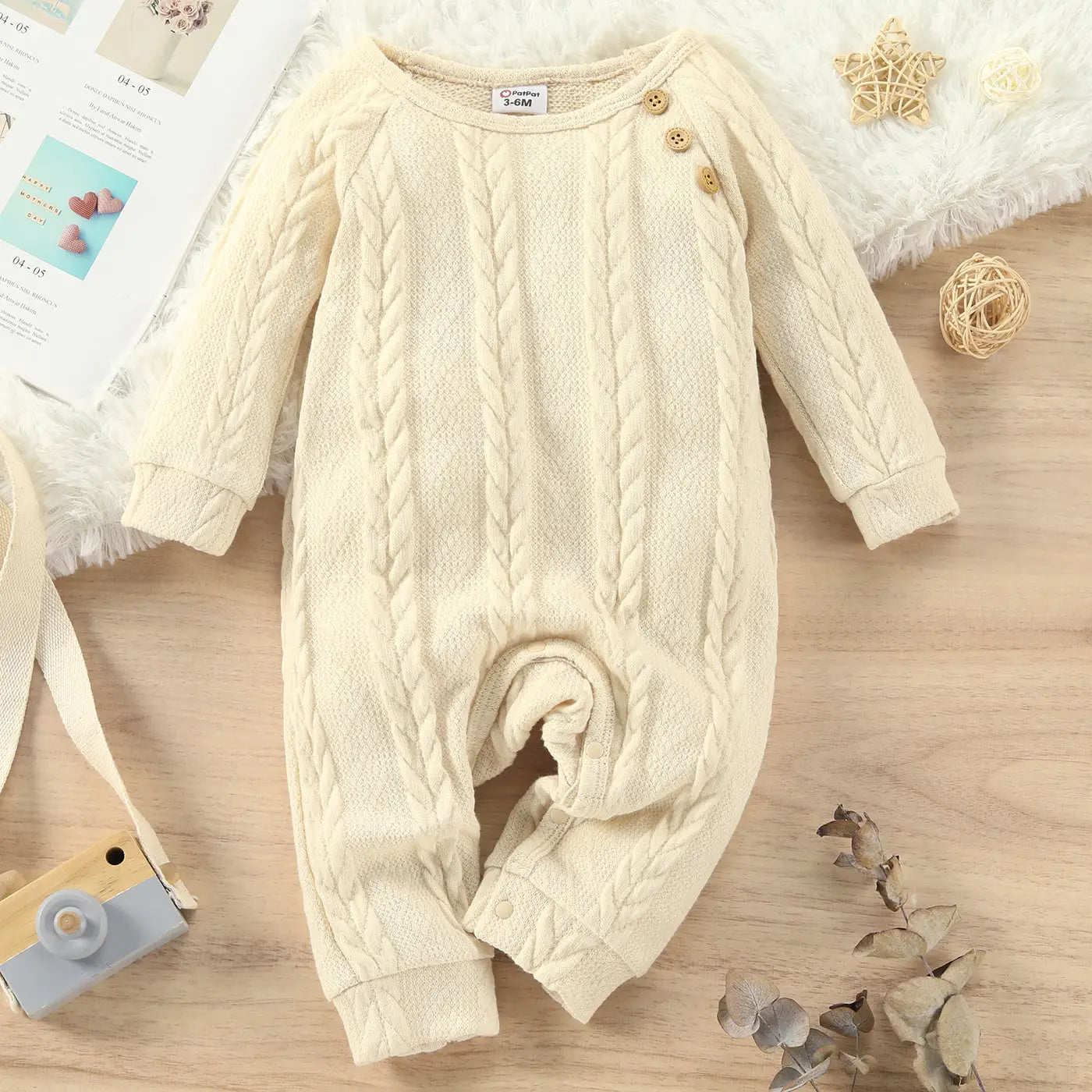 Baby Solid Cable Knit Long-Sleeve Jumpsuit
