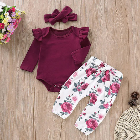 3 Piece Crimson Romper & Floral Pants