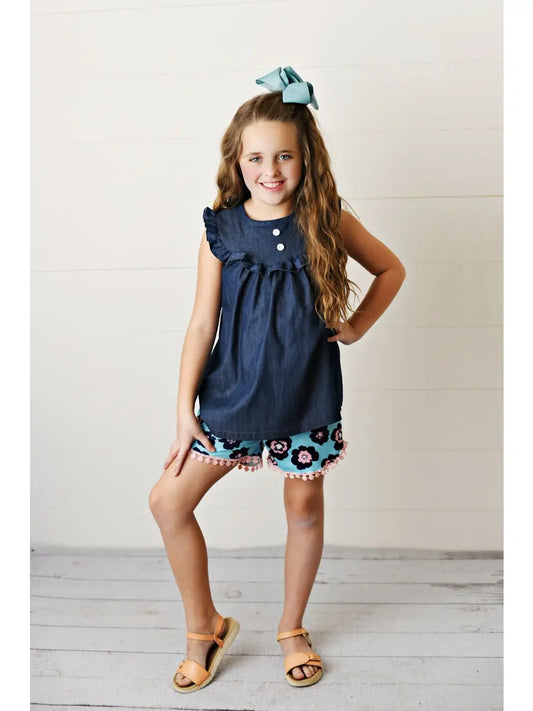 Kids Dark Jean Flower Ruffle Button Two Piece Set