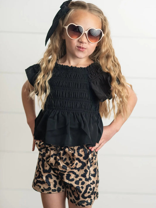 Kids Black Shirred Top & Leopard Print Bow Spring Short Set