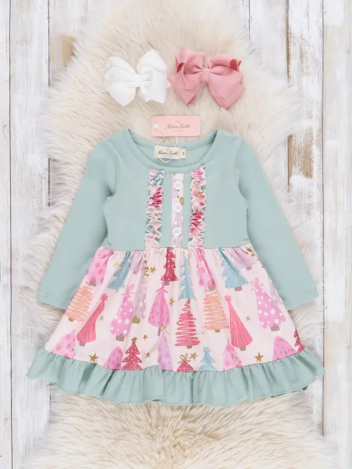 Mint & Pink Christmas Tree Ruffle Dress