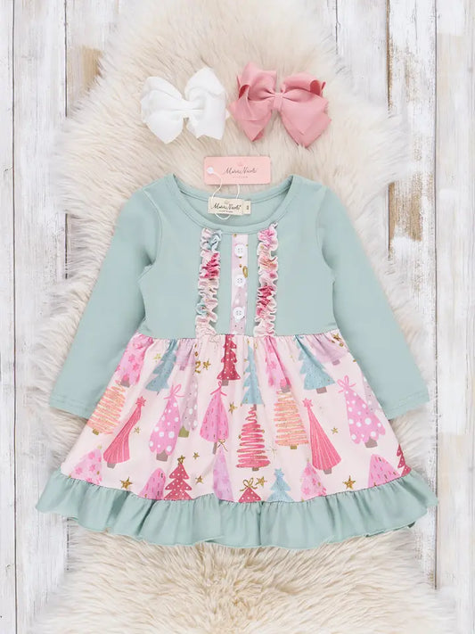 Mint & Pink Christmas Tree Ruffle Dress