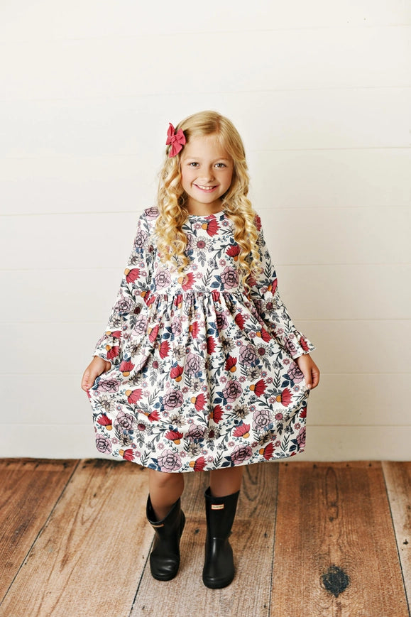 Rust Fall Floral Print Twirl Dress