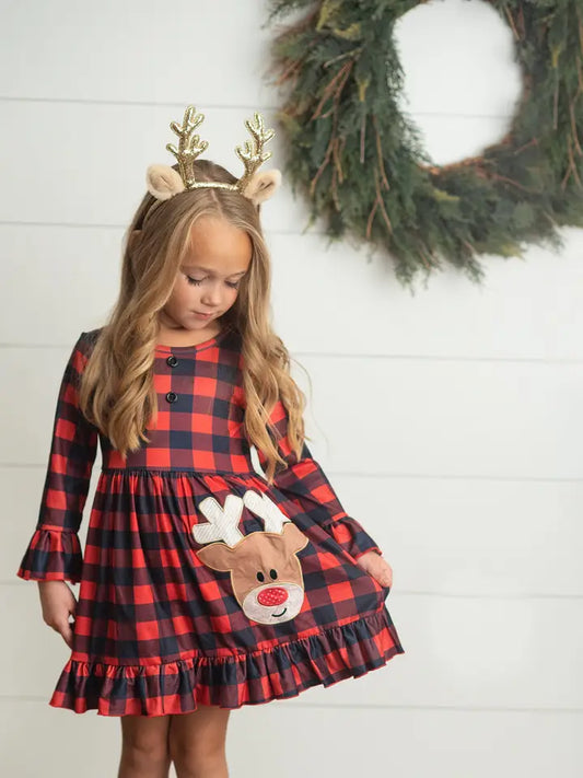 Plaid Reindeer Ruffle Holiday Dress